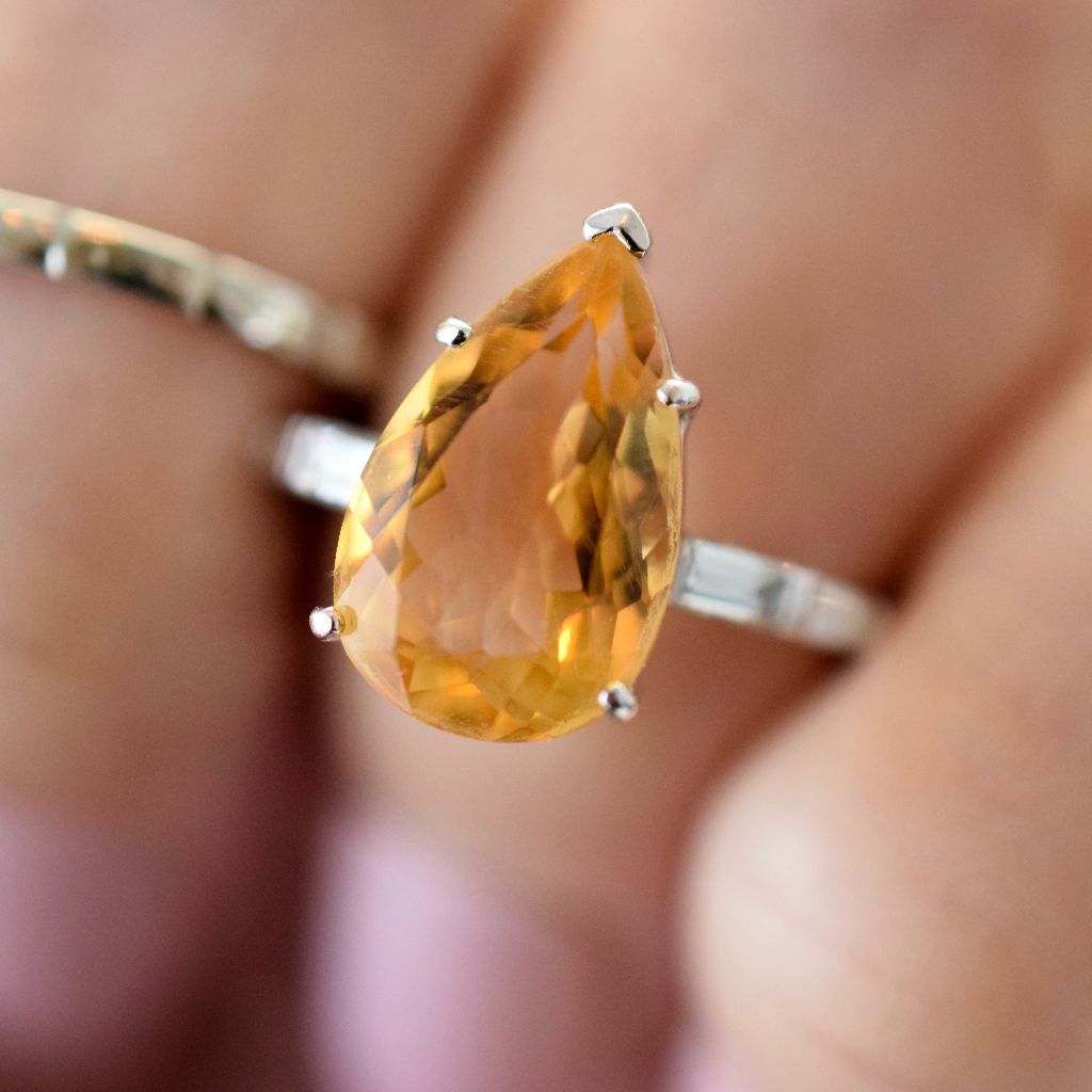 Modern 14ct White Gold Pear-Shape Citrine Diamond Ring