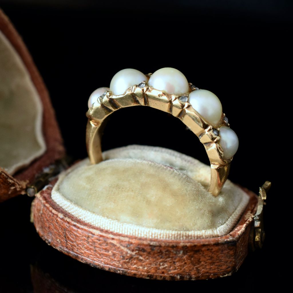 Antique Victorian/Early Edwardian 18ct Gold Five Pearl And Diamond Half Hoop Ring Circa 1900