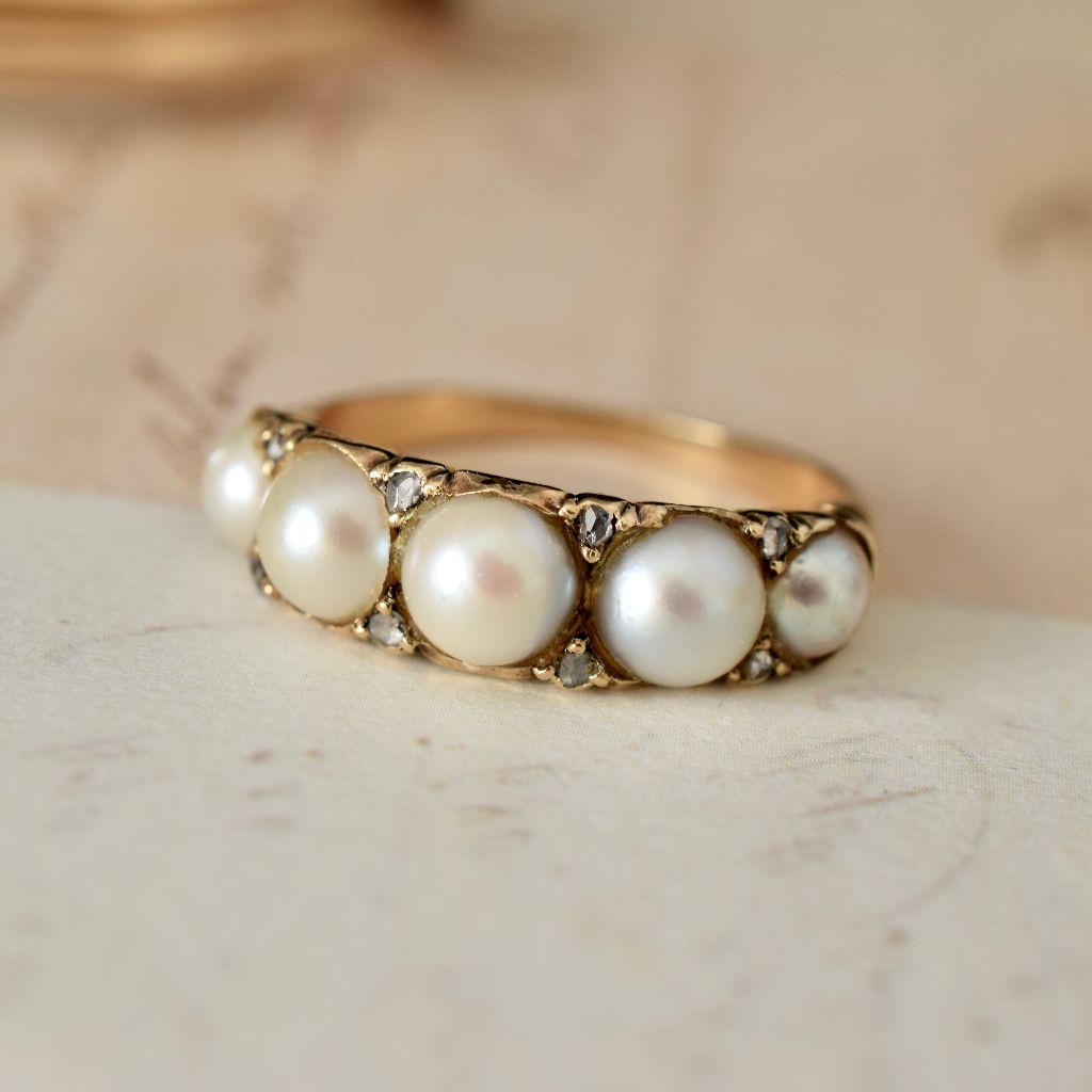 Antique Victorian/Early Edwardian 18ct Gold Five Pearl And Diamond Half Hoop Ring Circa 1900
