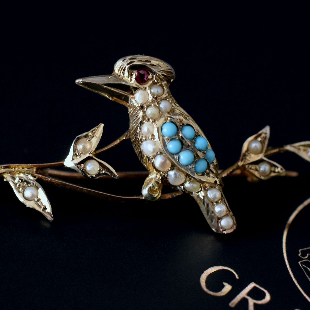 Antique Australian 9ct Gold Turquoise Seed Pearl Brooch By Duggin And Shappere Circa 1910