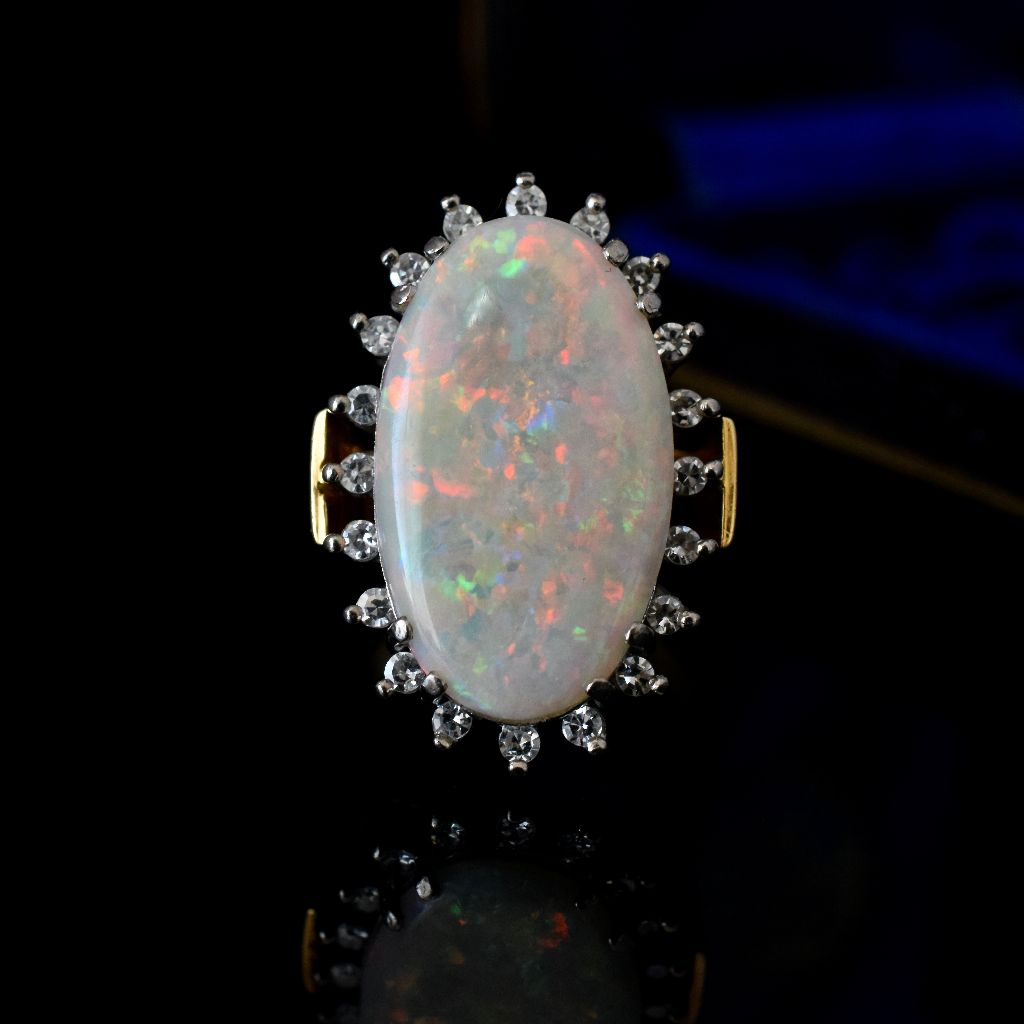 Vintage 18ct Yellow Gold / Palladium Solid Opal Diamond Ring