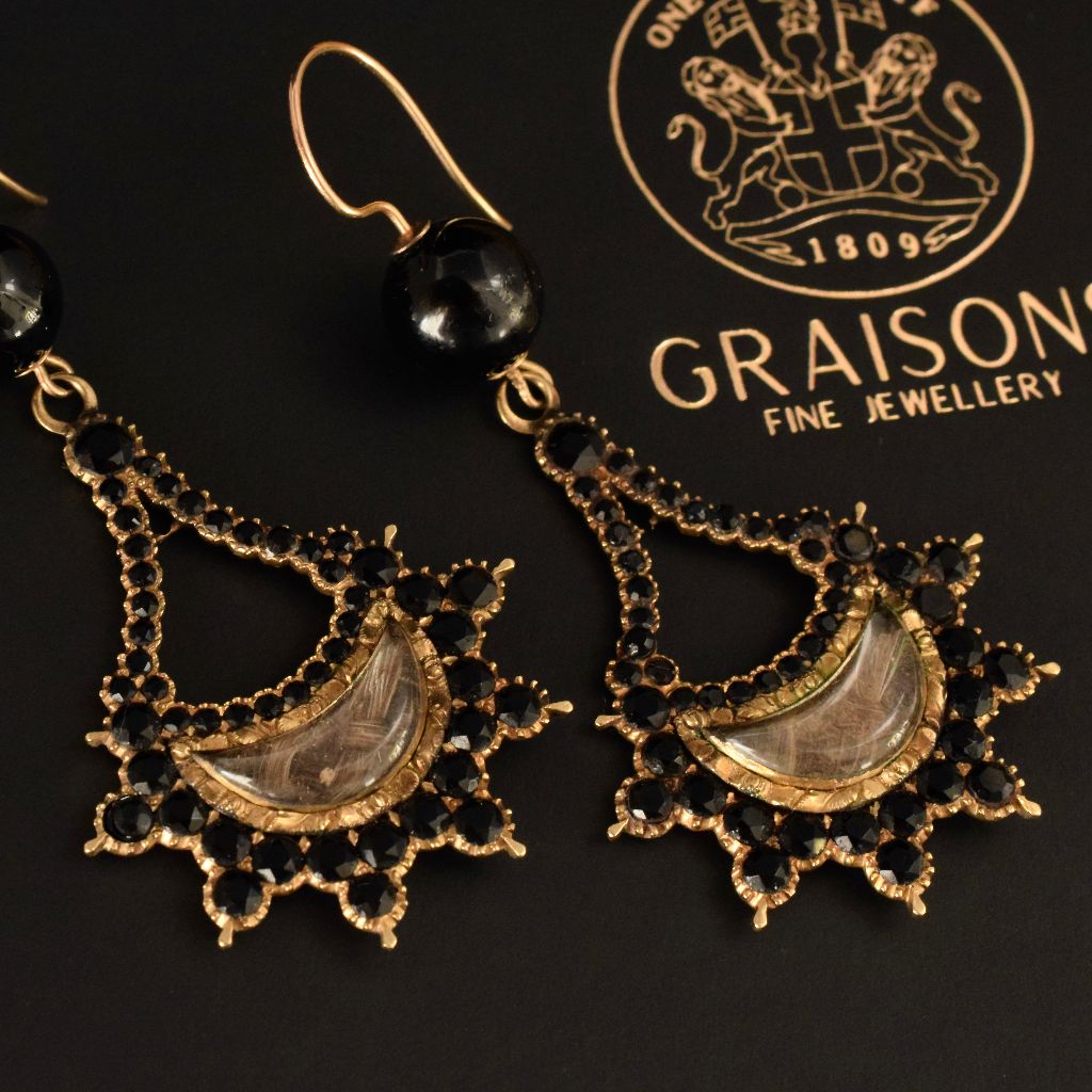Georgian 15ct Yellow Gold Faceted Onyx Mourning Hair Earrings Circa 1820