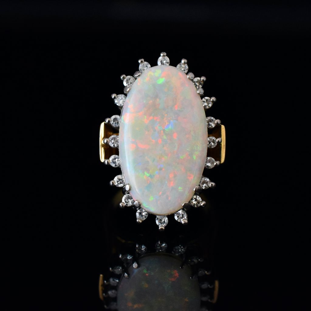 Vintage 18ct Yellow Gold / Palladium Solid Opal Diamond Ring