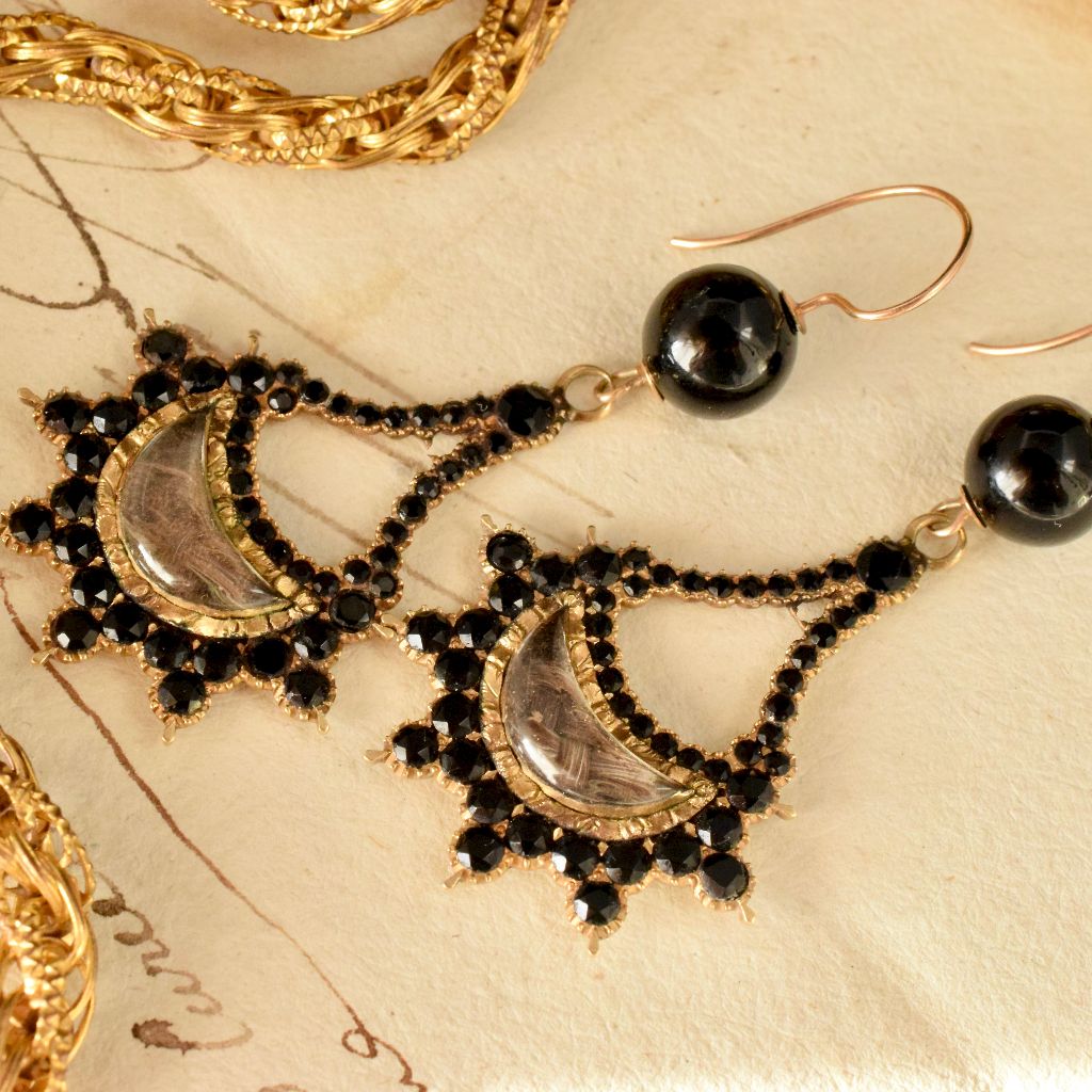 Georgian 15ct Yellow Gold Faceted Onyx Mourning Hair Earrings Circa 1820