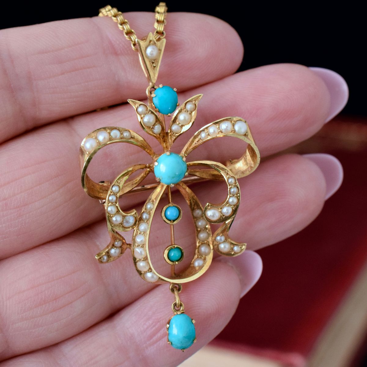 Superb Antique Australian 15ct Gold Turquoise Seed Pearl Pendant/Brooch Willis and Sons