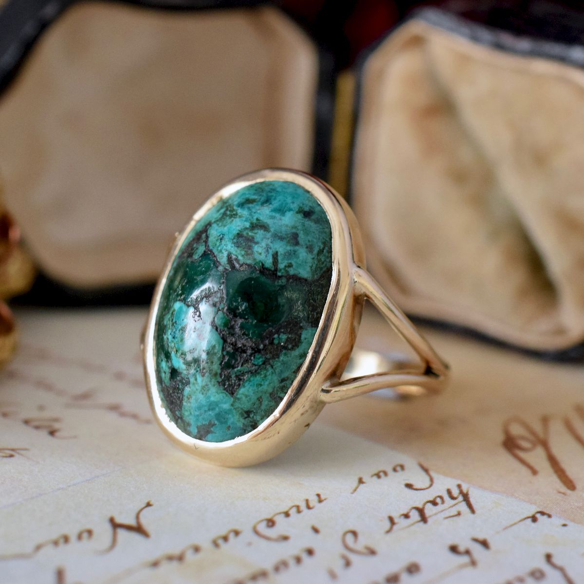 Vintage Large Natural Turquoise 9ct Rose Gold Ring