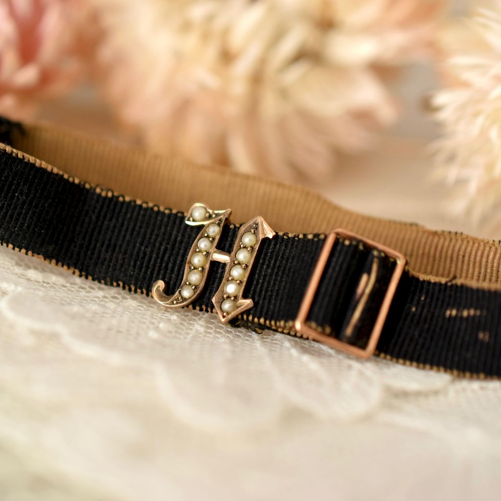 Victorian 9ct Rose Gold Seed Pearl Initial Mourning Bracelet Grosgrain Band