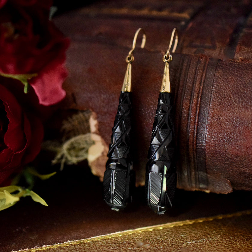 Victorian Carved Whitby Jet Drop Earrings Circa 1880