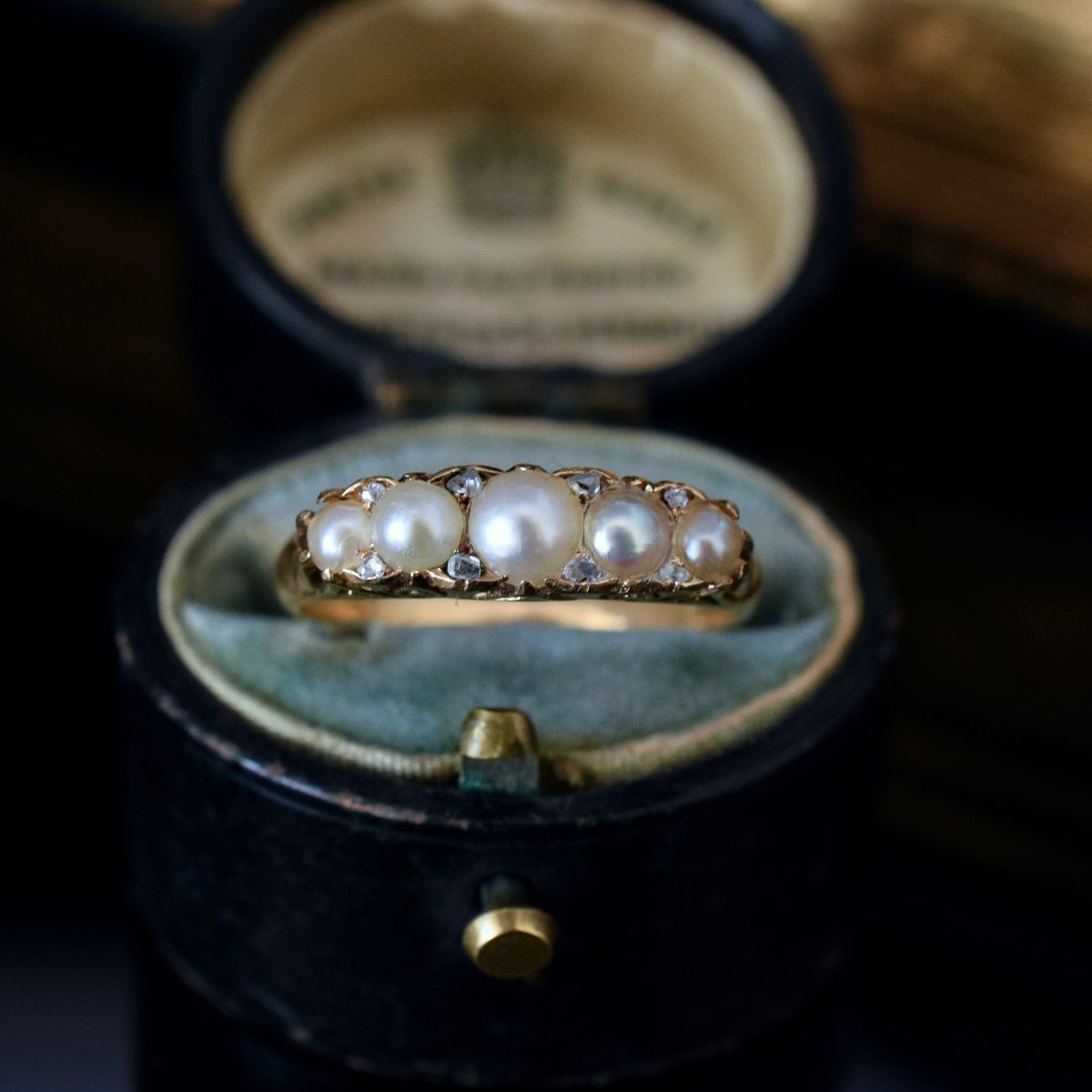 Antique Victorian 18ct Gold Pearl Diamond Half Hoop Ring Circa 1900