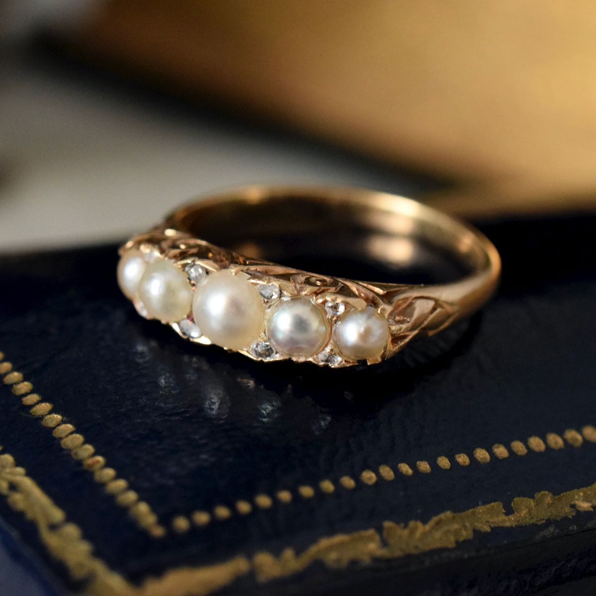 Antique Victorian 18ct Gold Pearl Diamond Half Hoop Ring Circa 1900