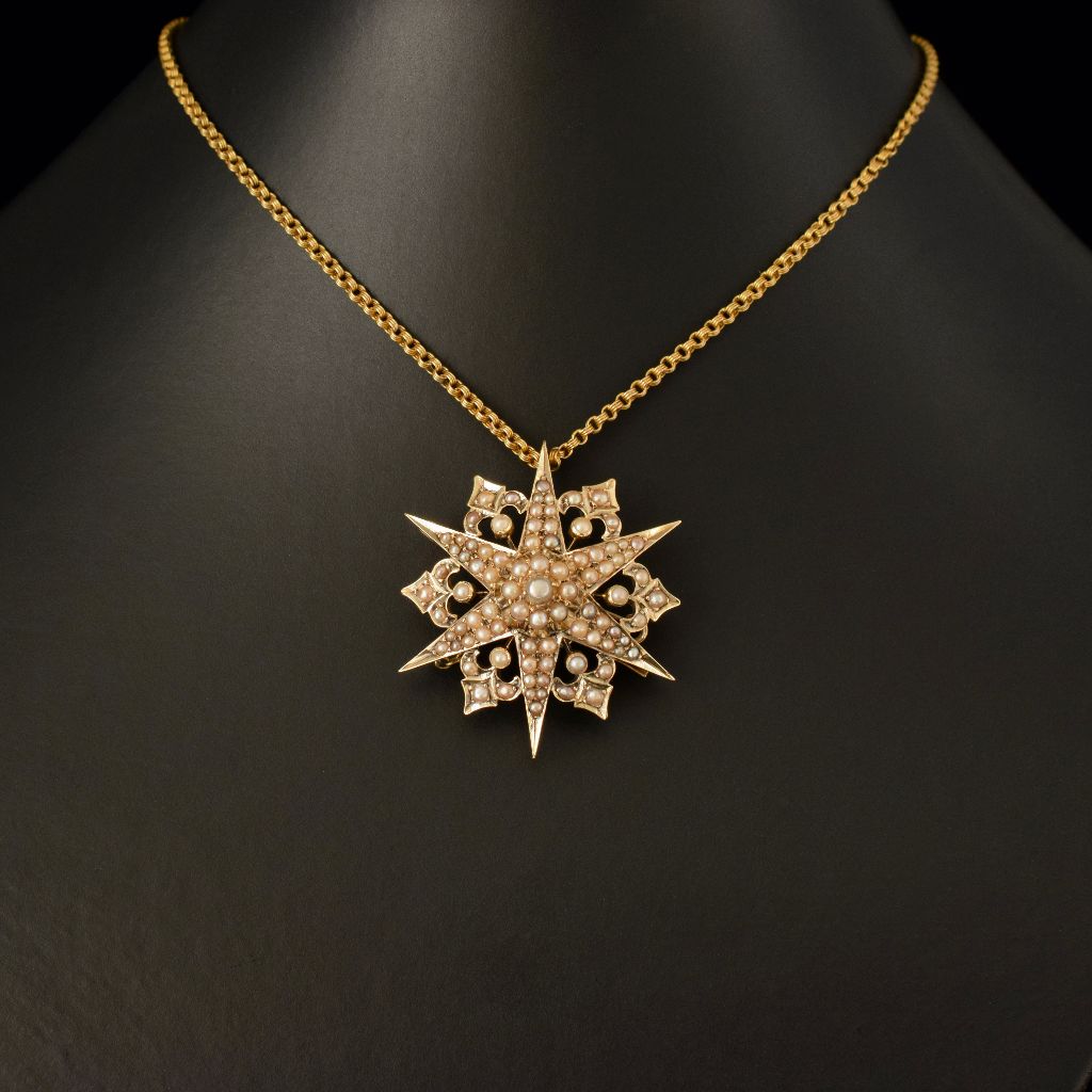 Antique Victorian Australian 15ct Yellow Gold Seed Pearl Starburst Brooch/Pendant By Duggin And Shappere Circa 1890