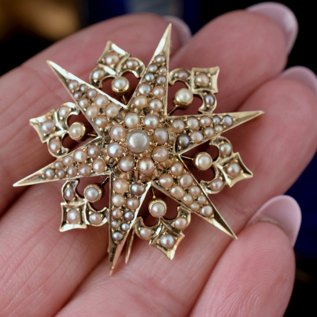 Antique Victorian Australian 15ct Yellow Gold Seed Pearl Starburst Brooch/Pendant By Duggin And Shappere Circa 1890