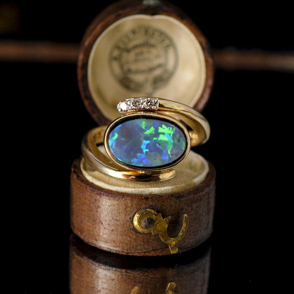 Heavy 9ct Yellow Gold Opal Doublet Diamond Ring