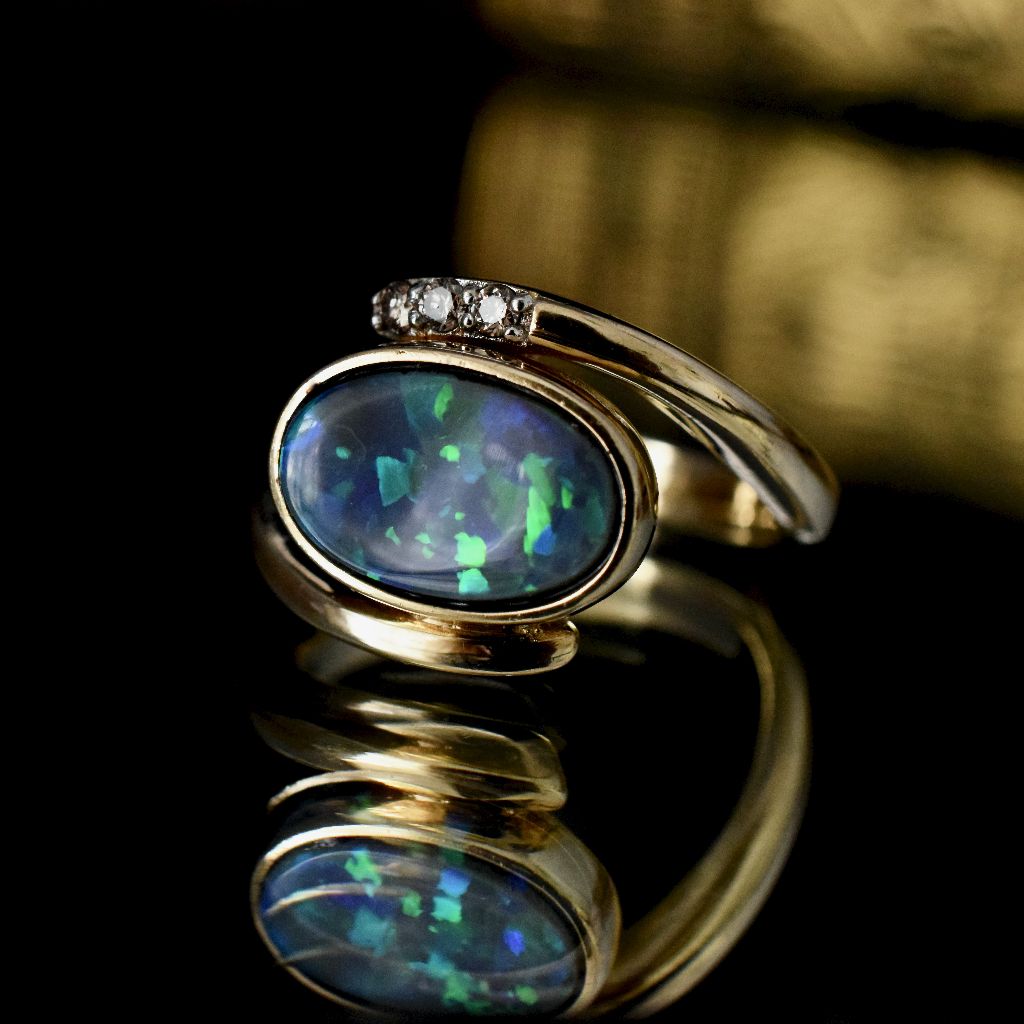 Heavy 9ct Yellow Gold Opal Doublet Diamond Ring