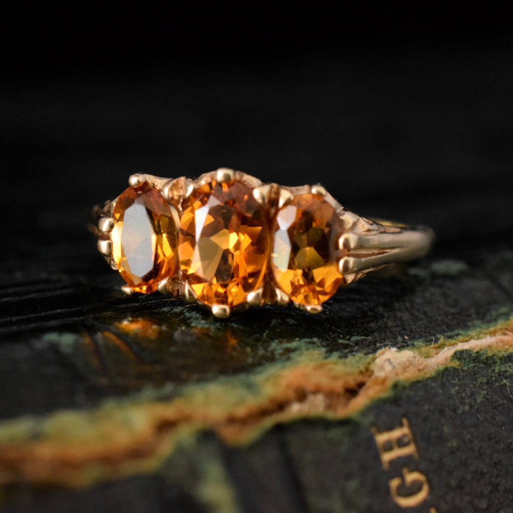 Dainty Vintage 9ct Yellow Gold Citrine Trilogy Ring