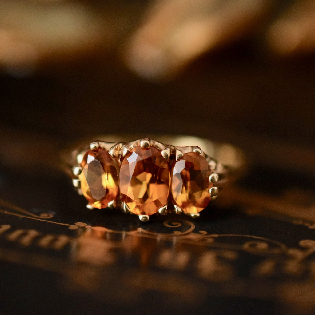 Dainty Vintage 9ct Yellow Gold Citrine Trilogy Ring