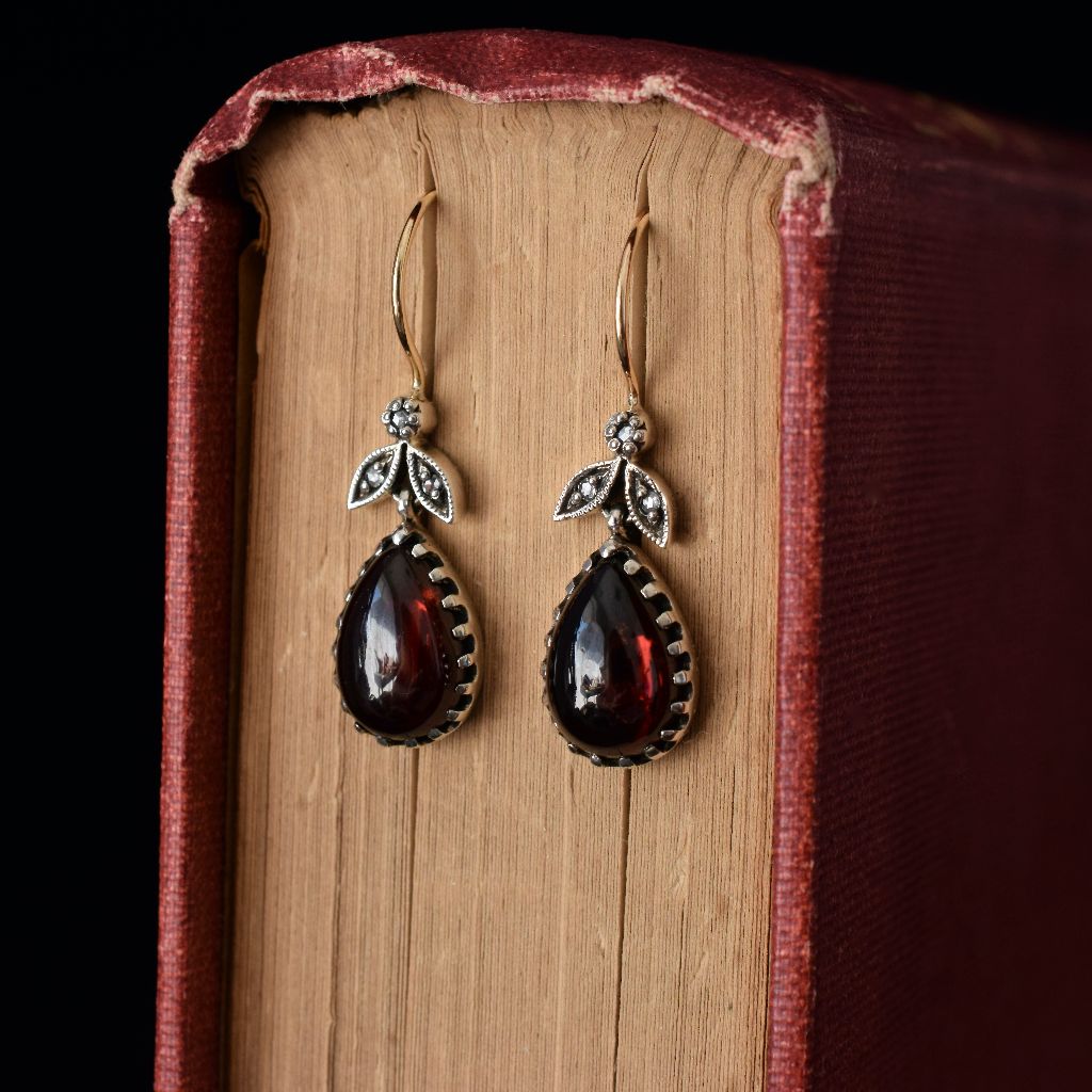Modern Victorian Revival 9ct / Silver Cabochon Garnet Diamond Earrings