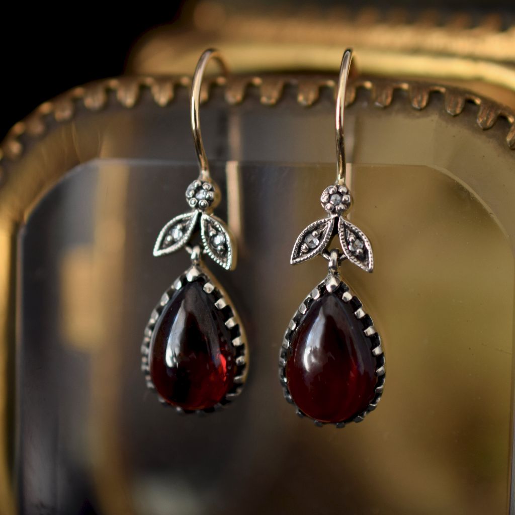 Modern Victorian Revival 9ct / Silver Cabochon Garnet Diamond Earrings