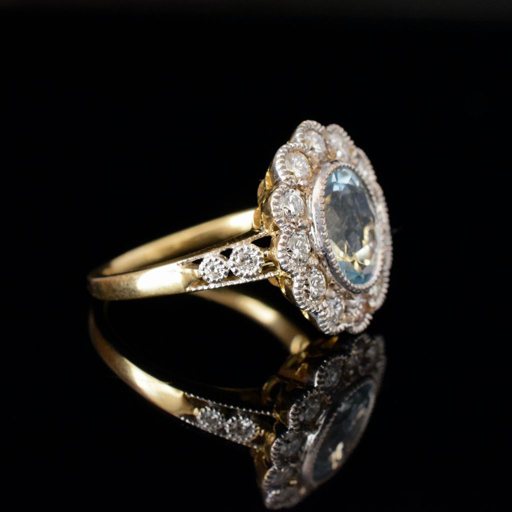 Modern 18ct Yellow Gold Aquamarine Diamond Halo Ring