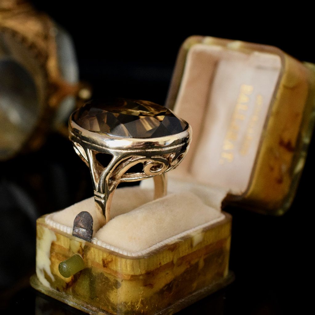 Vintage Huge 26ct Smoky Quartz 9ct Yellow Gold Ring