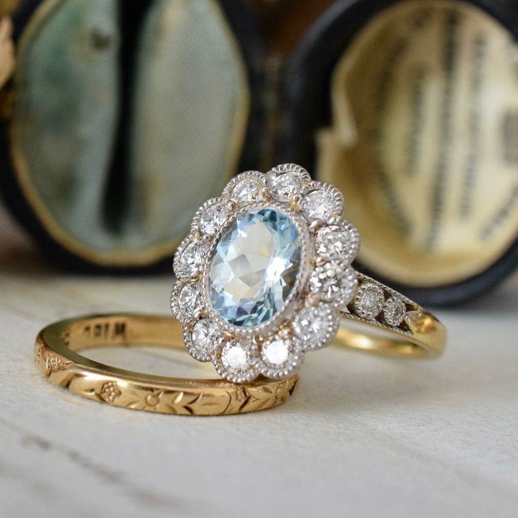 Modern 18ct Yellow Gold Aquamarine Diamond Halo Ring