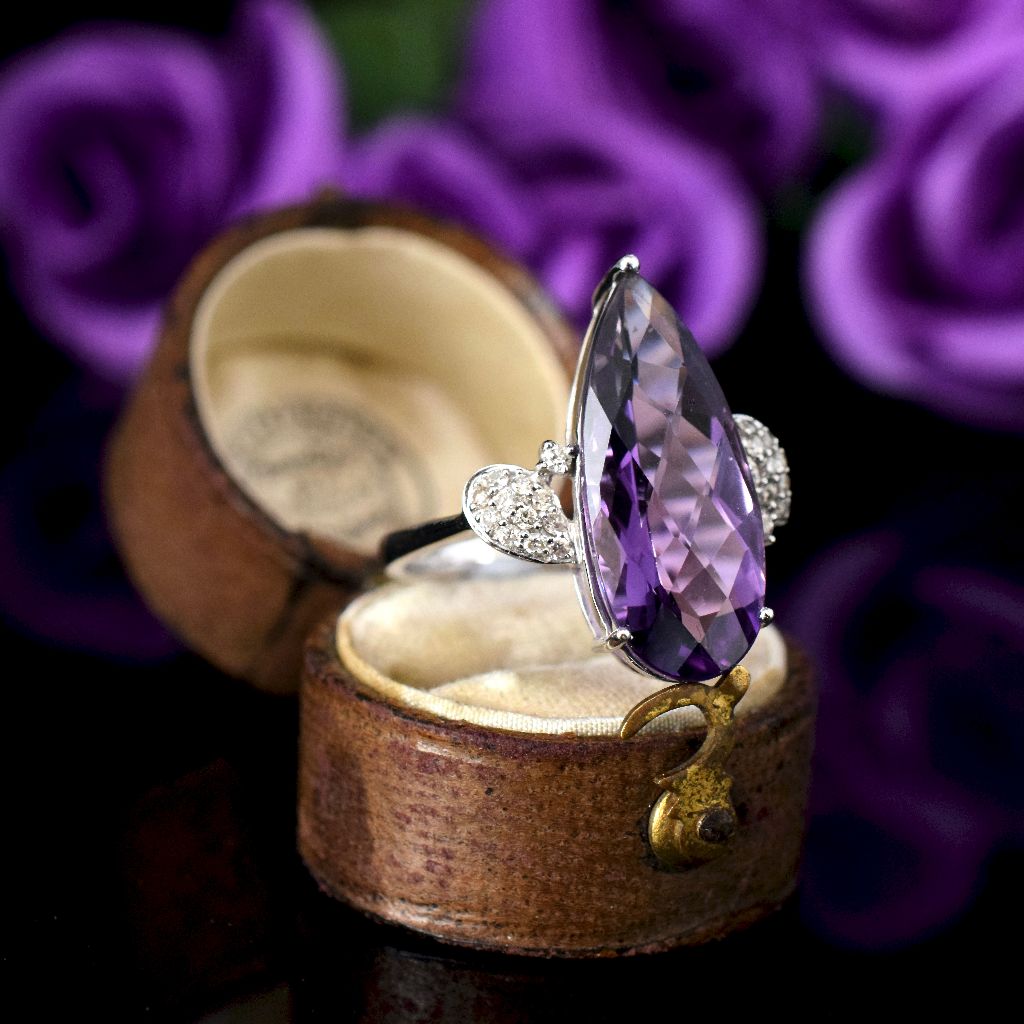 Modern 18ct White Gold Pear Cut Amethyst Diamond Ring