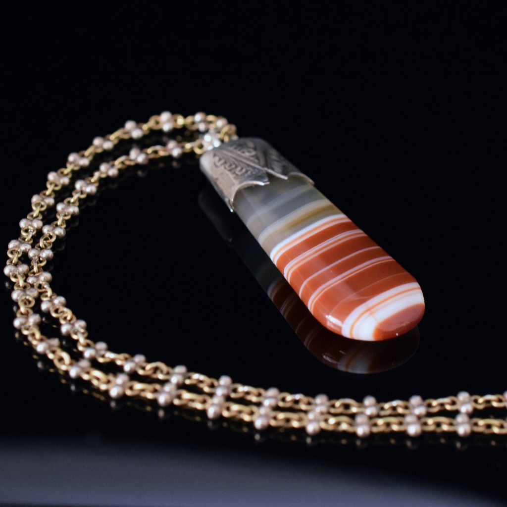 Antique Sterling Silver Banded Agate Fob Pendant Circa 1900