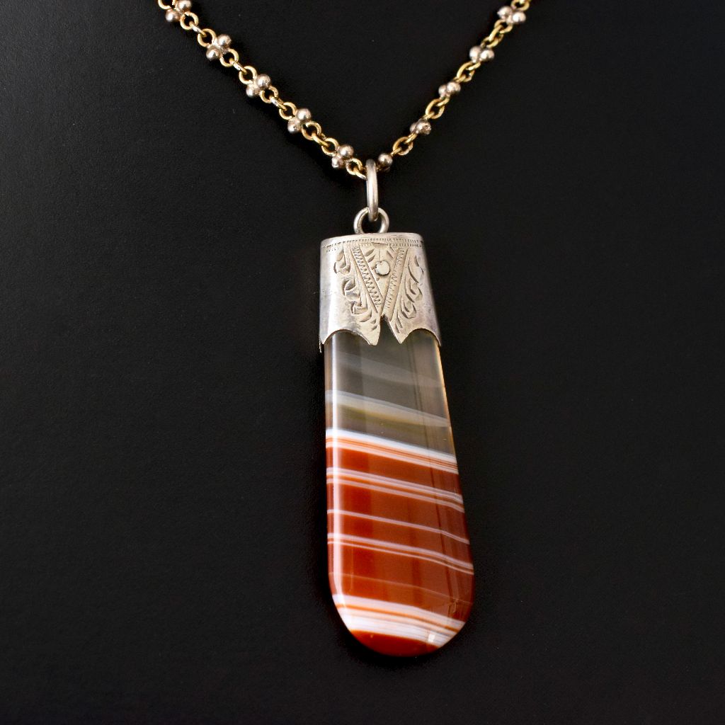 Antique Sterling Silver Banded Agate Fob Pendant Circa 1900