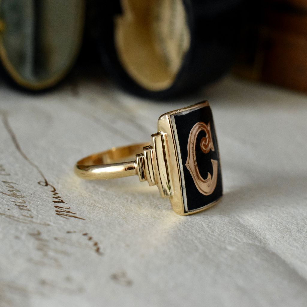 Art Deco 9ct Yellow Gold ‘C’ Monogram Onyx Ring