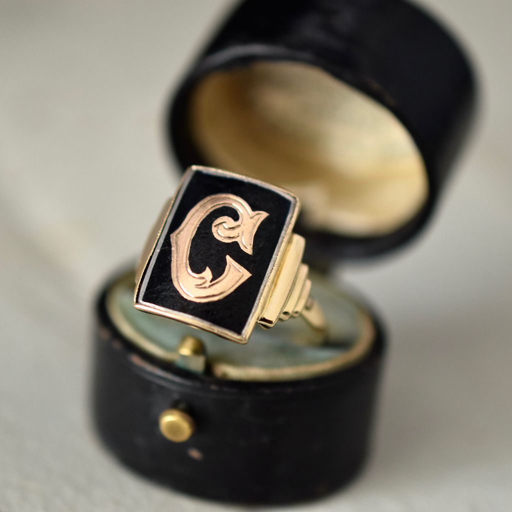 Art Deco 9ct Yellow Gold ‘C’ Monogram Onyx Ring