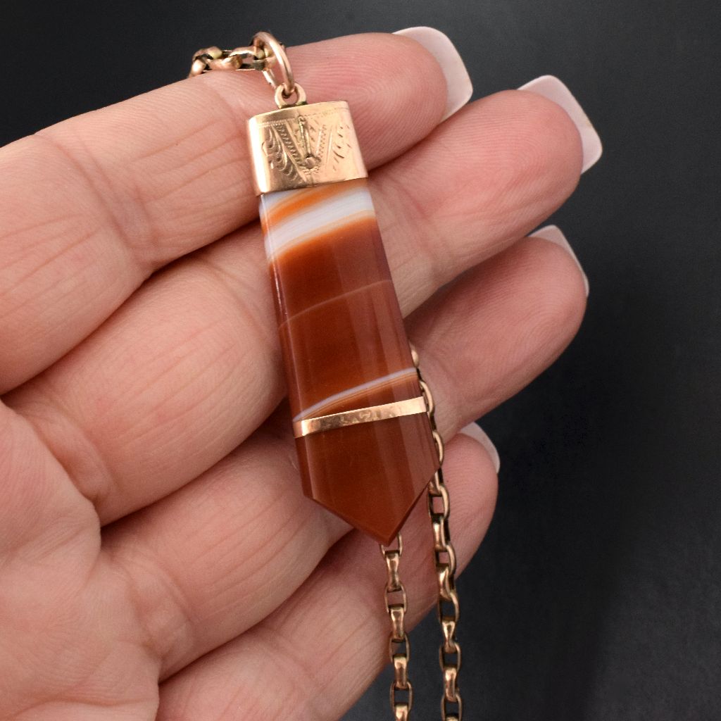 Antique Victorian 9ct Rose Gold Banded Agate Fob Pendant Circa 1900