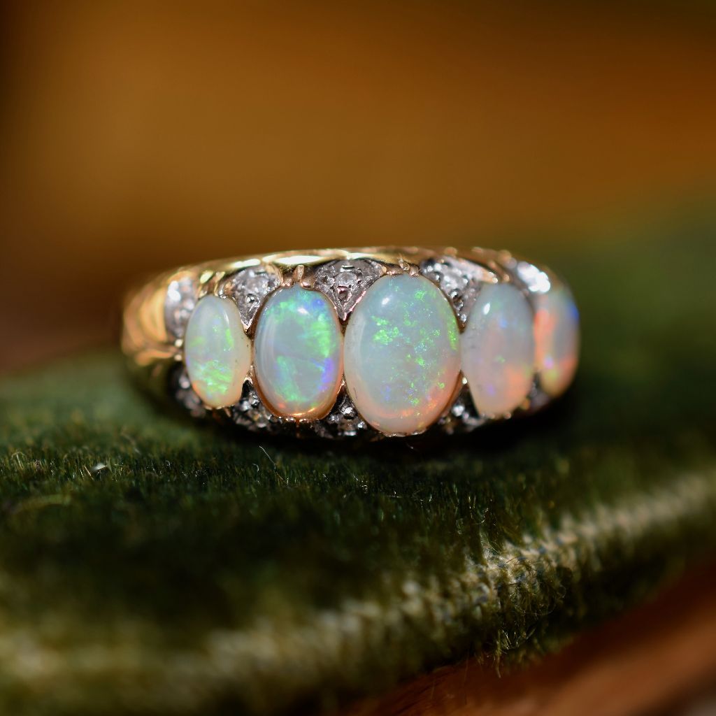 Stunning Five Stone Opal And Diamond 9ct Yellow Gold Ring