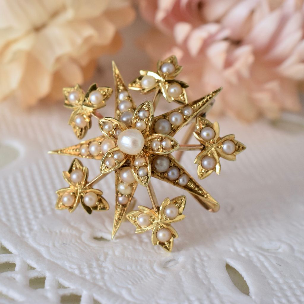Antique Victorian 15ct Yellow Gold ‘Starburst’ Celestial Natural Half Pearl Brooch/Pendant