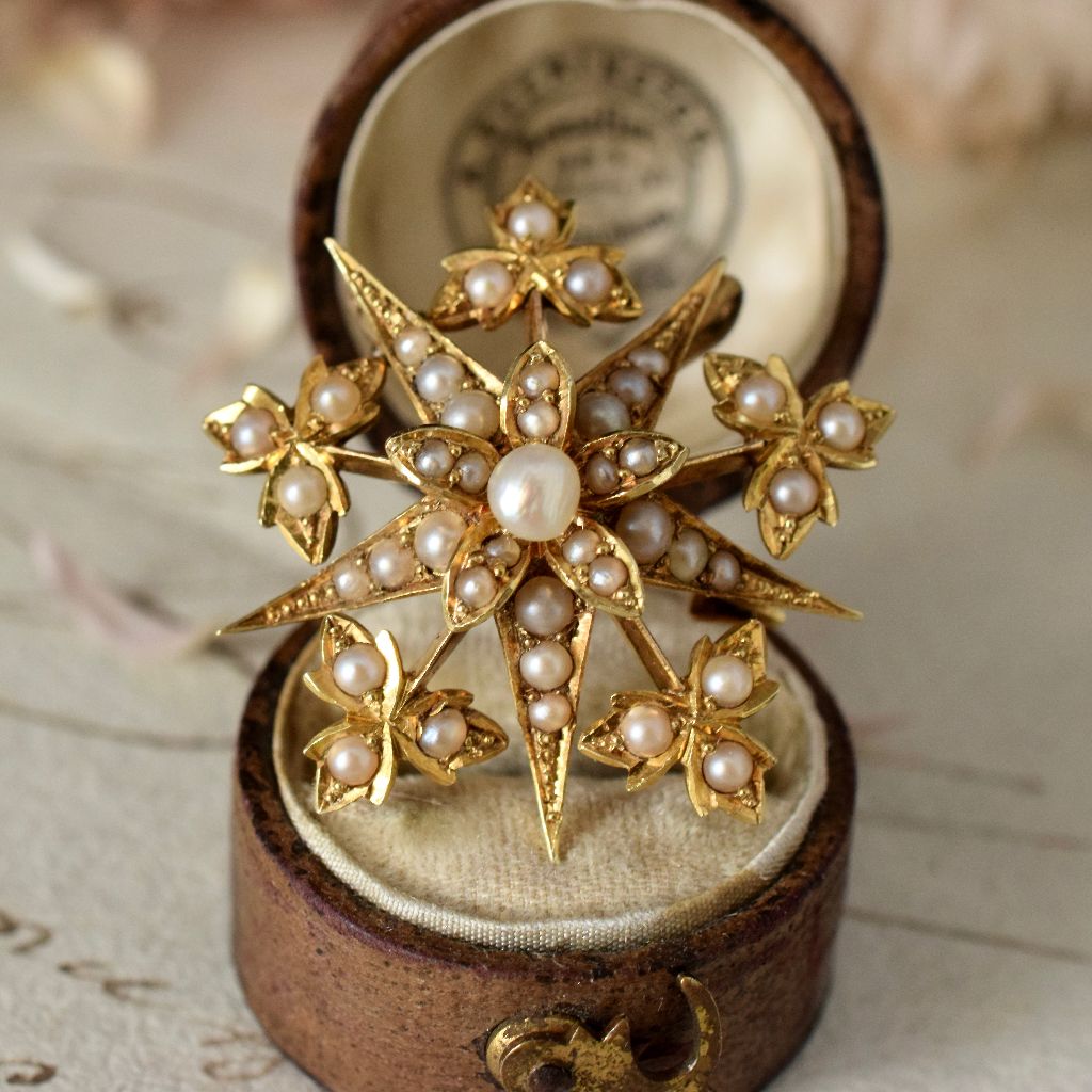 Antique Victorian 15ct Yellow Gold ‘Starburst’ Celestial Natural Half Pearl Brooch/Pendant