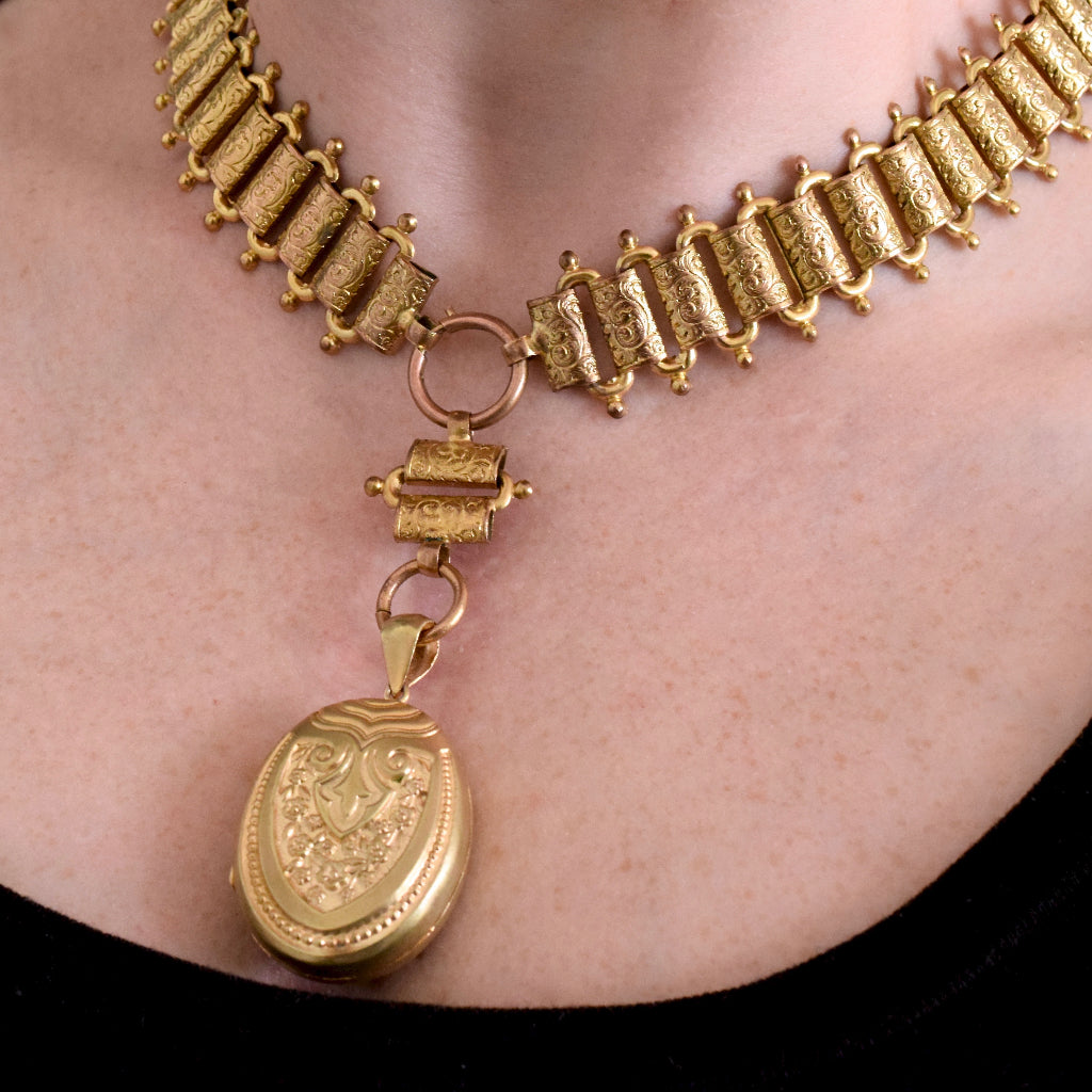 Antique Victorian Gilt ‘Day And NIght’ Bookchain / Collar And Locket