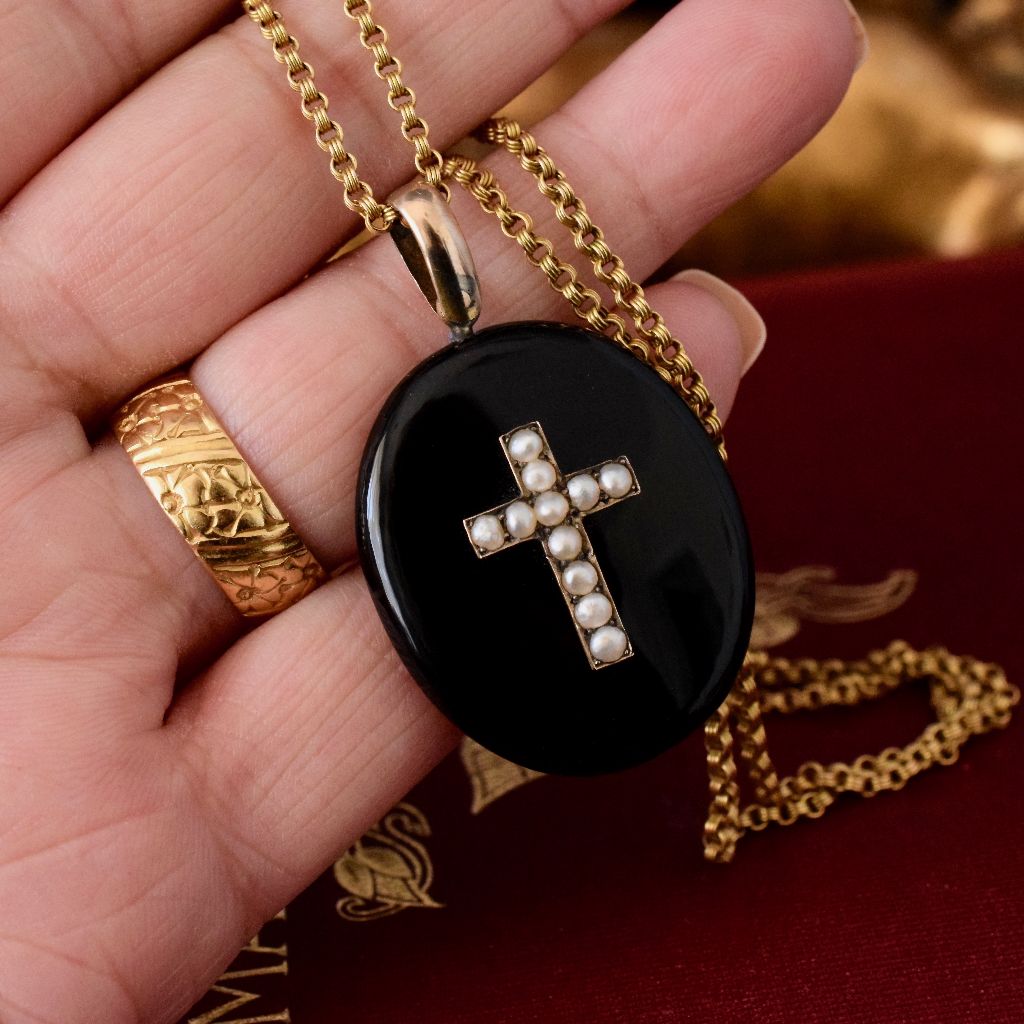 Exceptional Victorian Onyx & Seed Pearl Mourning Locket Circa 1870