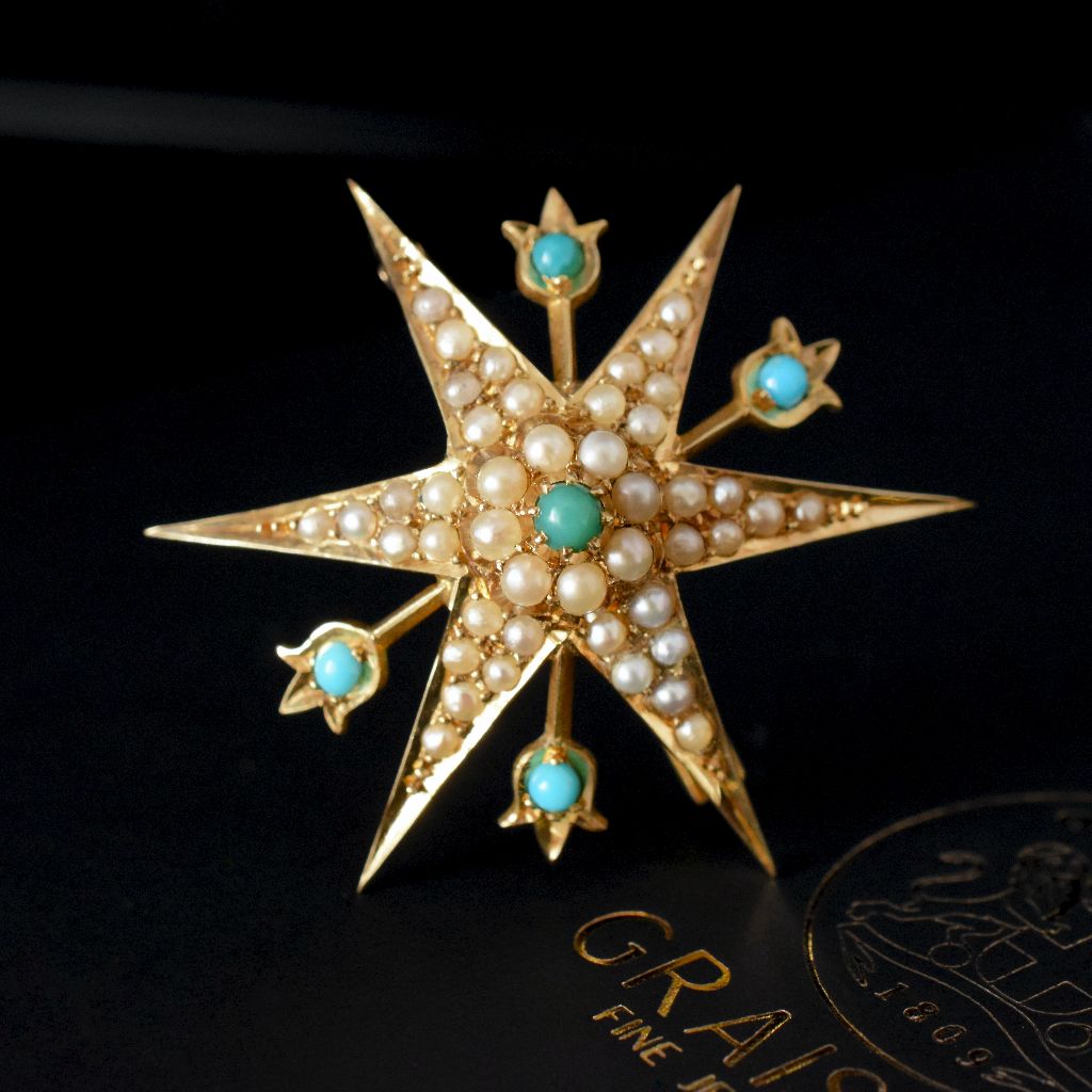 Antique Australian 15ct Yellow Gold Turquoise And Seed Pearl Brooch Circa 1900