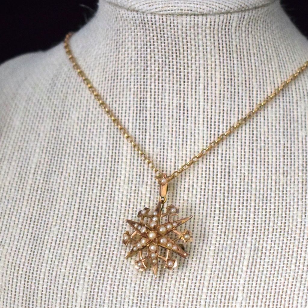 Lovely Victorian Starburst 9ct Yellow Gold Seed Pearl Pendant / Brooch Circa 1890