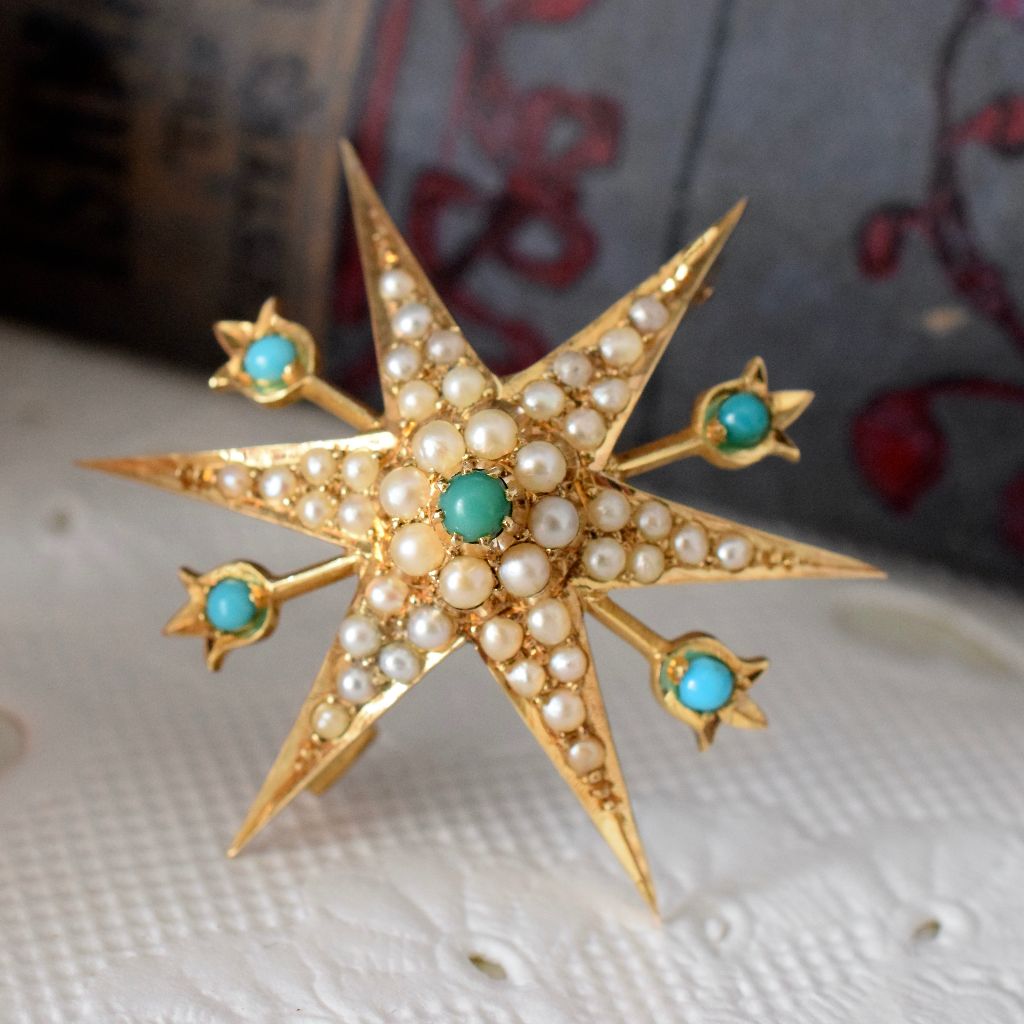Antique Australian 15ct Yellow Gold Turquoise And Seed Pearl Brooch Circa 1900