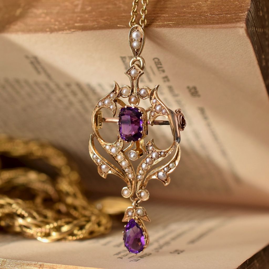 Magnificent Victorian 15ct Yellow Gold Amethyst Seed Pearl Pendant / Brooch Circa 1900