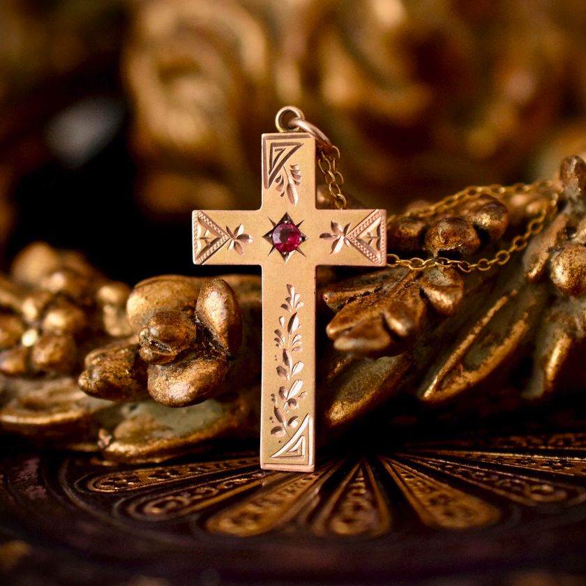 Antique Cross/Crucifix 9ct Rose Bloomed Gold by Robert Rollason, Sydney Circa 1910