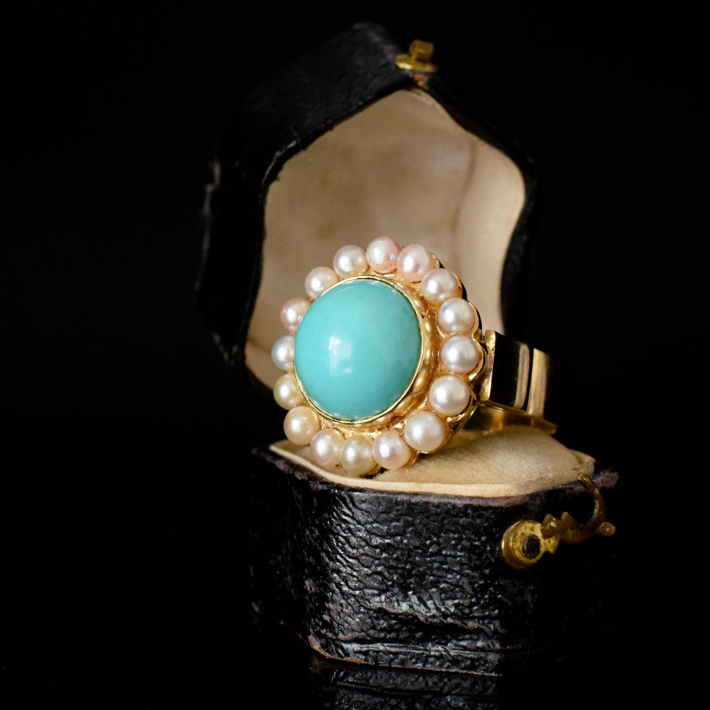 Heavy Mid Century 18ct Yellow Gold Persian Turquoise Pearl Ring 13.26 Grams