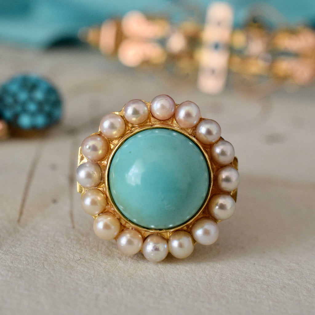 Heavy Mid Century 18ct Yellow Gold Persian Turquoise Pearl Ring 13.26 Grams