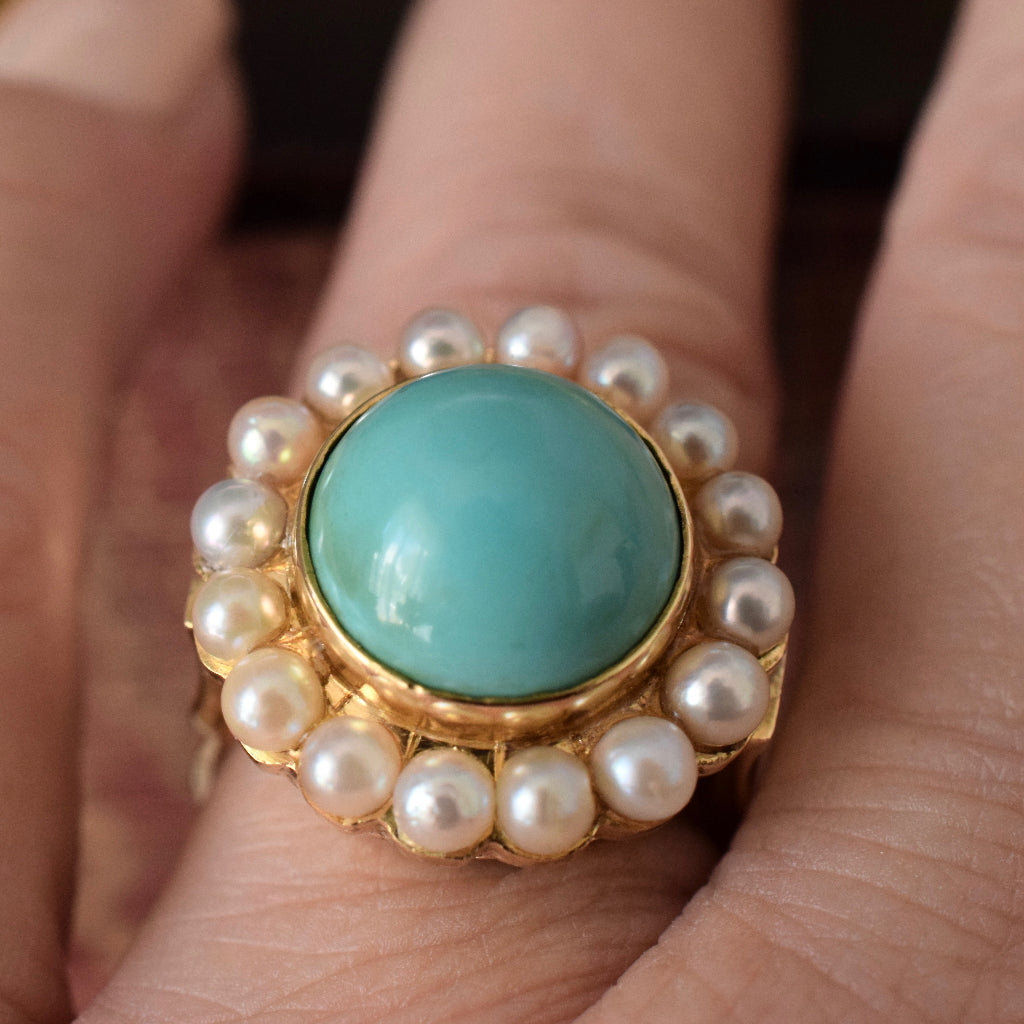 Heavy Mid Century 18ct Yellow Gold Persian Turquoise Pearl Ring 13.26 Grams