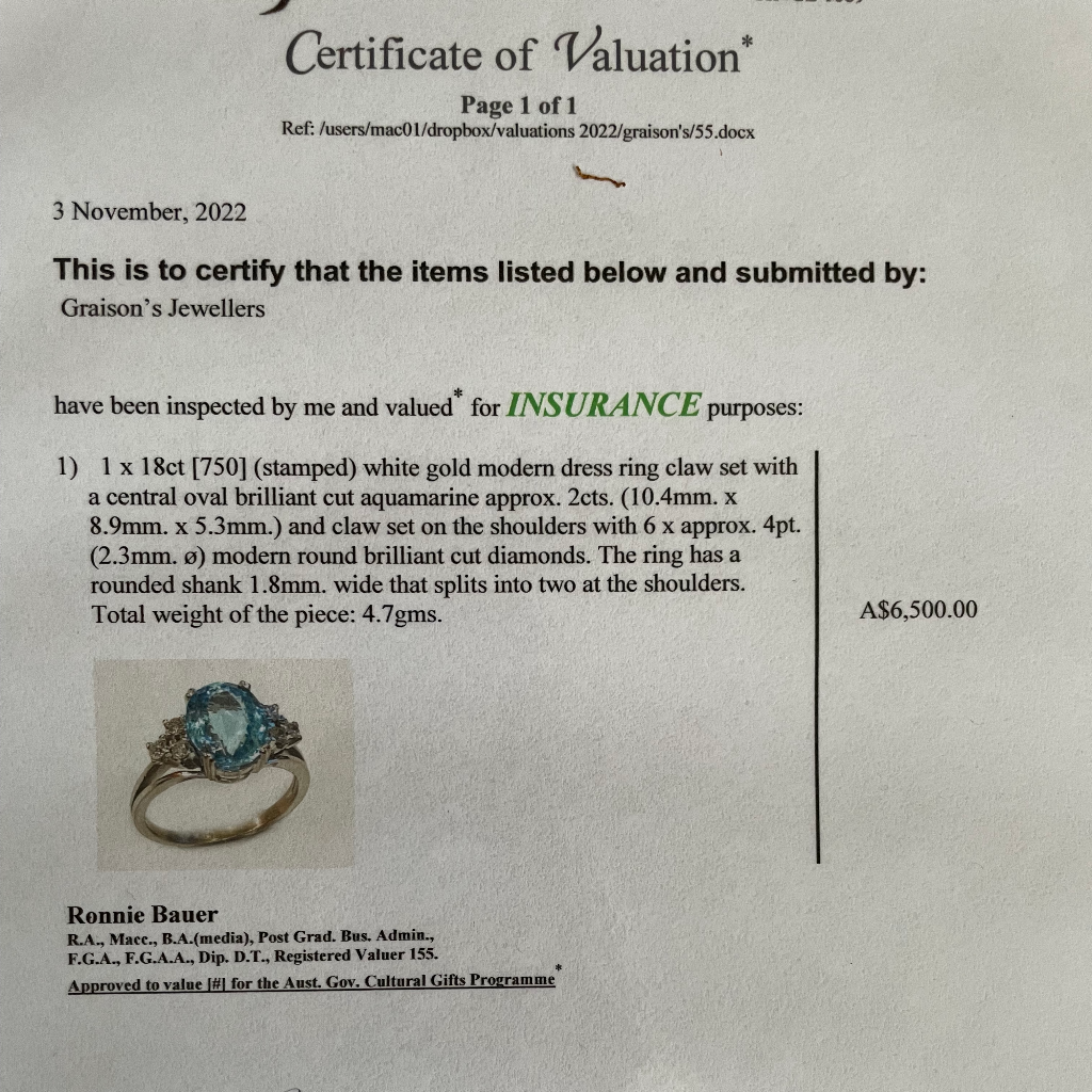 Modern 18ct White Gold Aquamarine And Diamond Ring Independent Valuation Included For $6,500 AUD