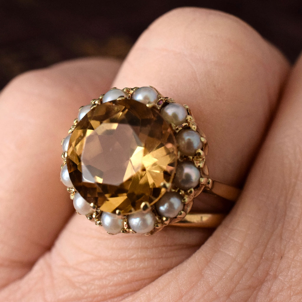 Vintage 14ct Yellow Gold Citrine Pearl Halo Ring
