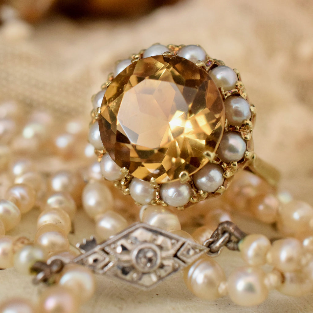 Vintage 14ct Yellow Gold Citrine Pearl Halo Ring
