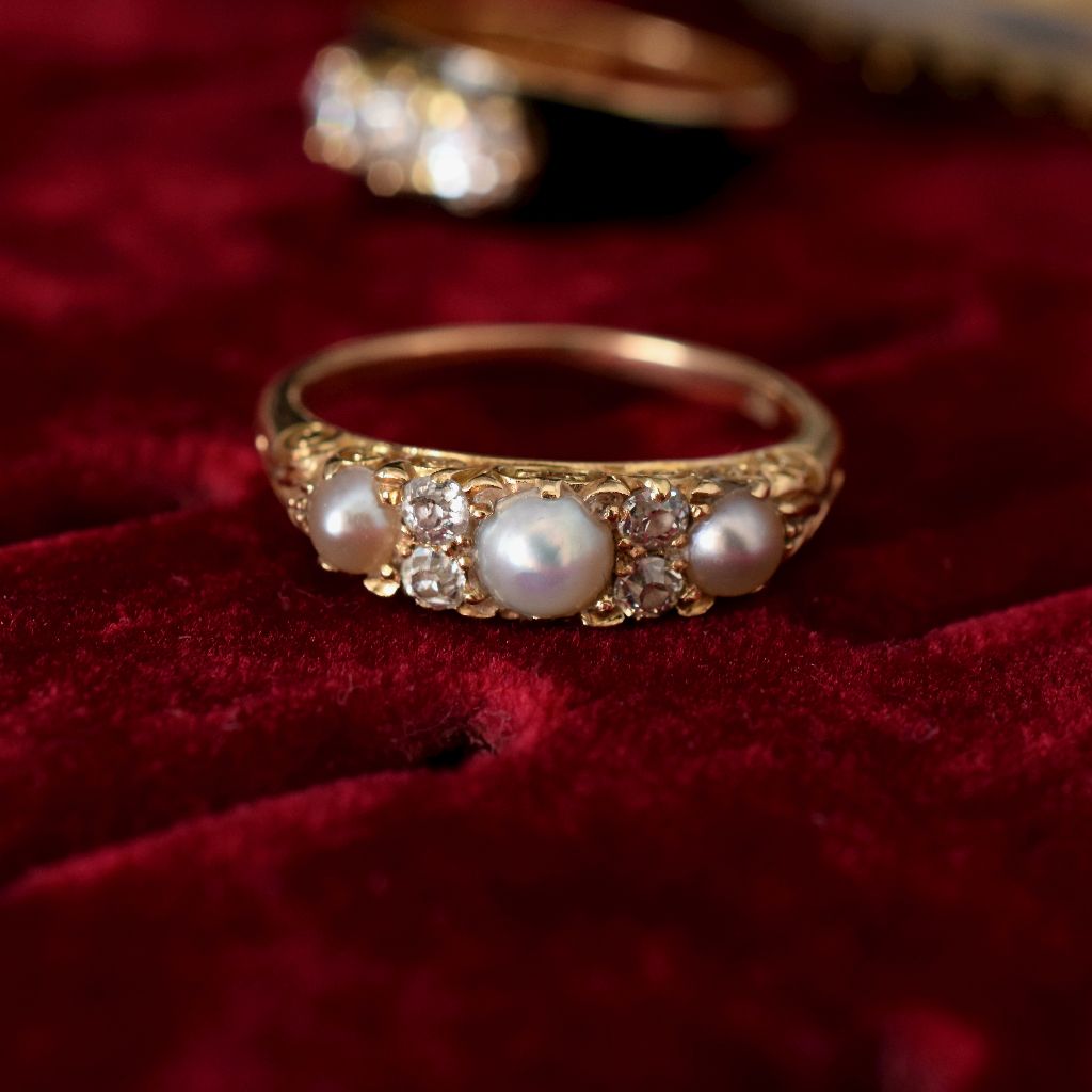 Antique Victorian/Early Edwardian 18ct Gold Three Pearl & Diamond Half Hoop Ring C1900