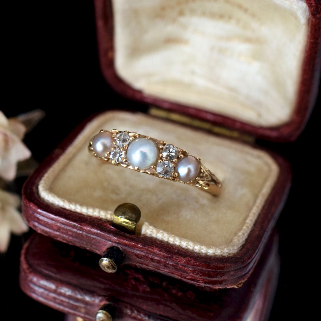 Antique Victorian/Early Edwardian 18ct Gold Three Pearl & Diamond Half Hoop Ring C1900