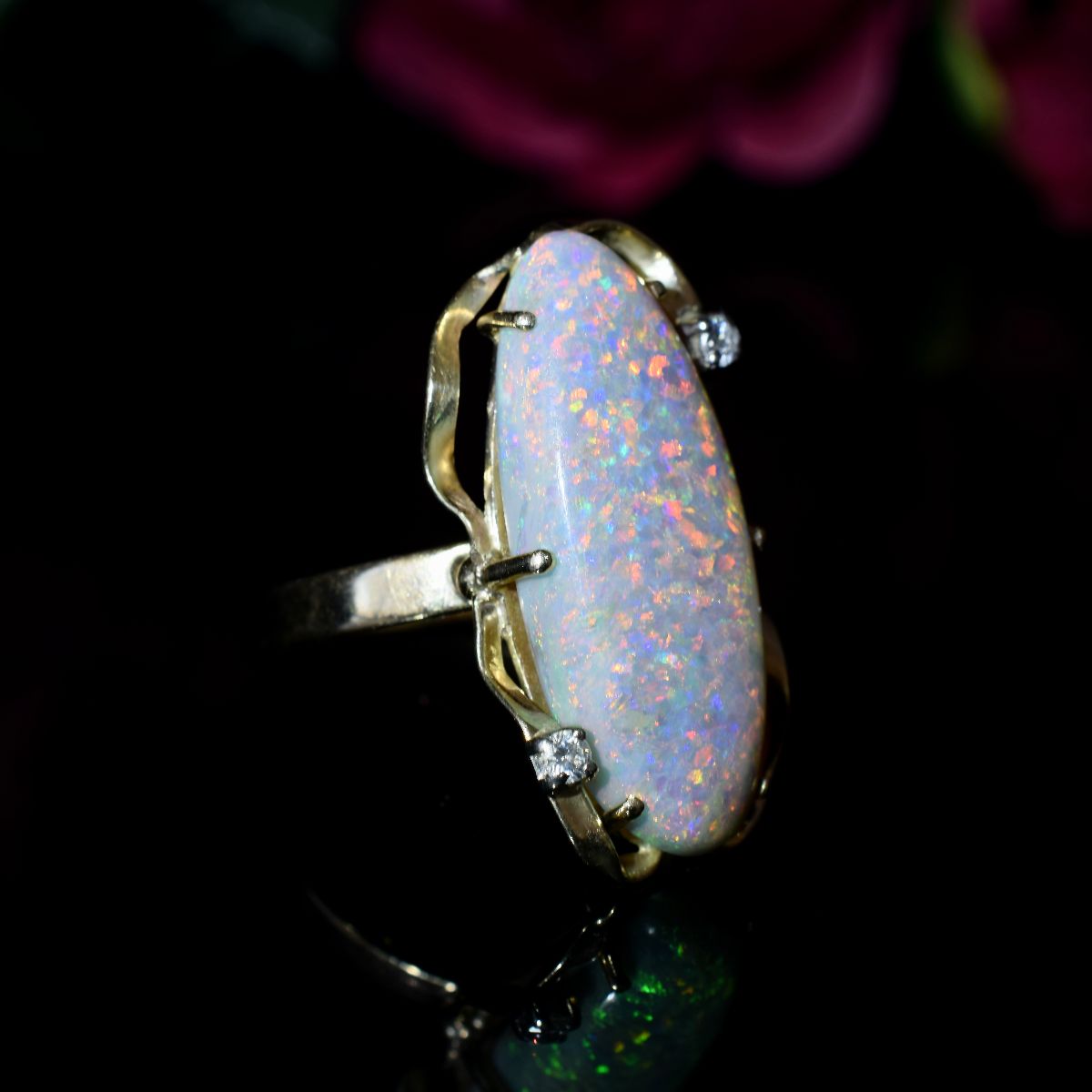 Vintage 9ct Yellow Gold Solid Coober Pedy ‘Pinfire’ Opal And Diamond Ring